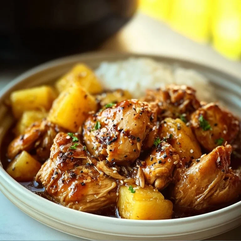 A plate of Sweet Hawaiian Crockpot Chicken garnished with pineapple and served with rice.