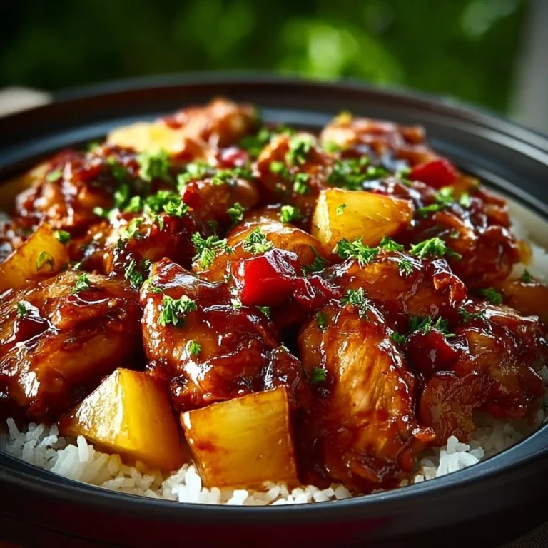 Delicious Sweet Hawaiian Crockpot Chicken served with rice and pineapple slices
