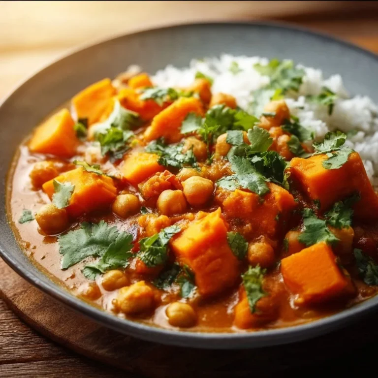 Bowl of Sweet Potato and Chickpea Curry with fresh herbs and spices