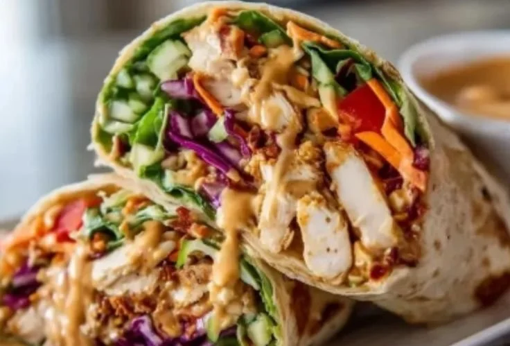 Thai Peanut Chicken Wraps filled with veggies and a savory peanut sauce