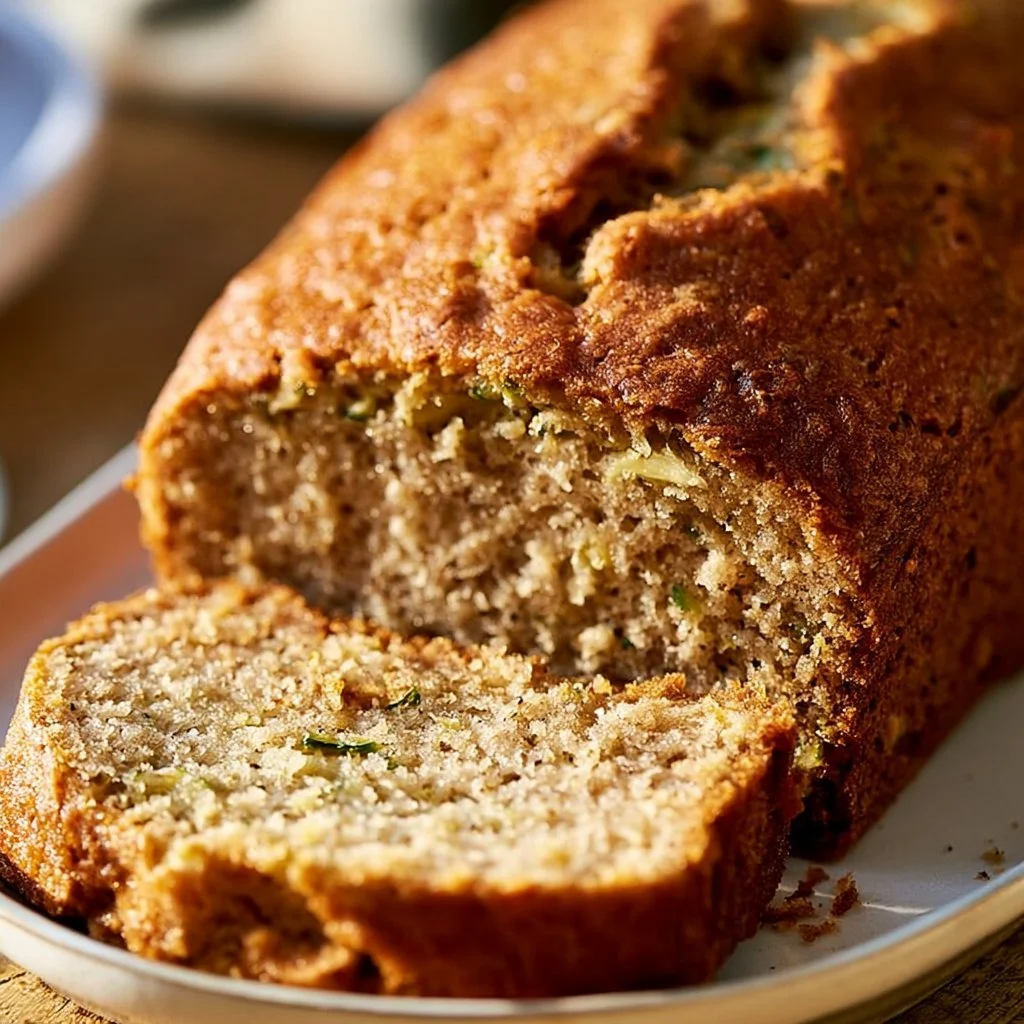 Homemade Banana Zucchini Bread fresh out of the oven, sliced and ready to serve.