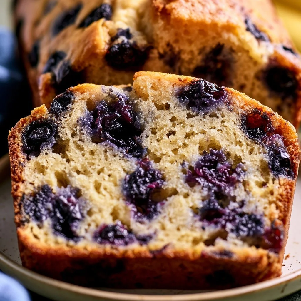 Delicious homemade blueberry banana bread with fresh blueberries and banana slices