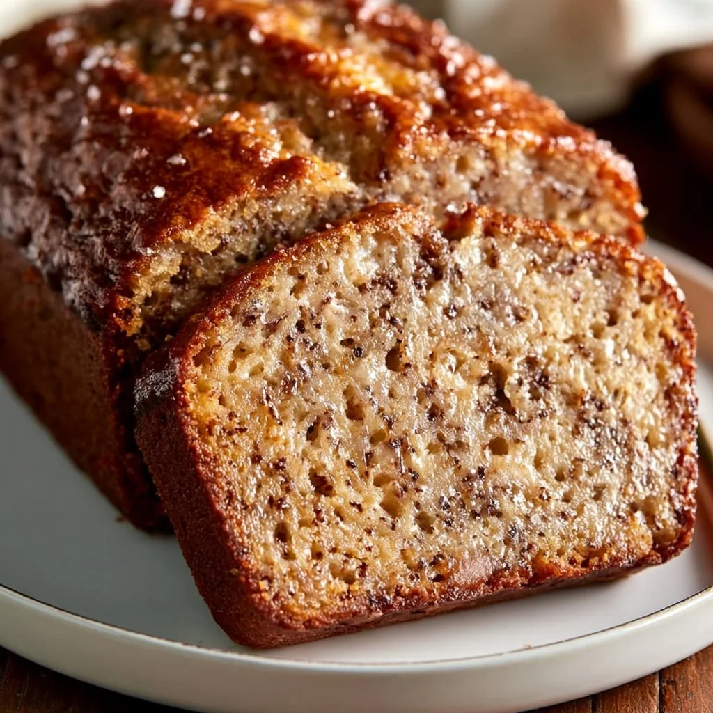 Moist one-bowl banana bread fresh out of the oven, ready to be sliced.