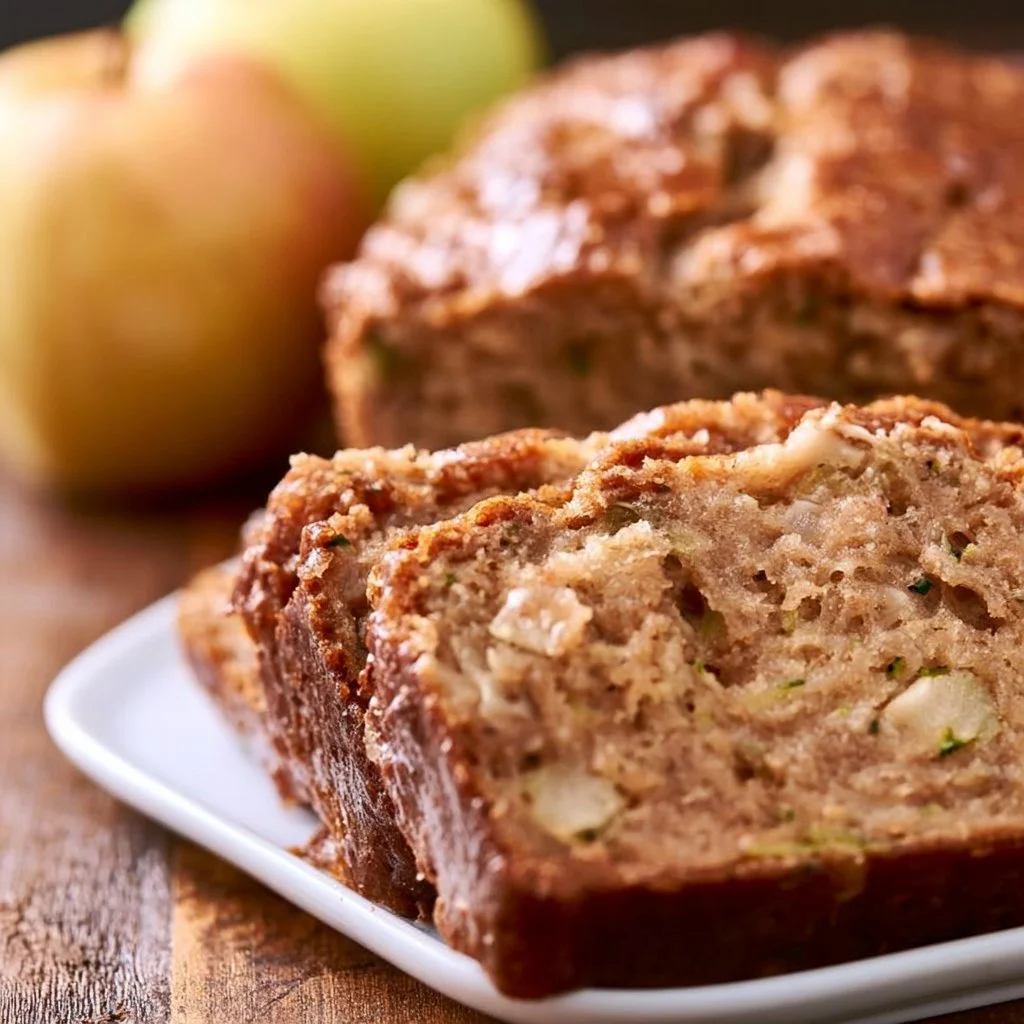 Loaf of homemade apple zucchini bread on a wooden cutting board